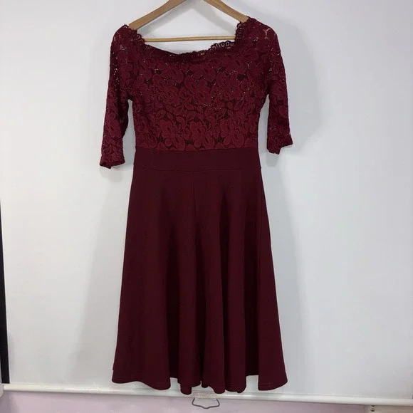 Missmay Burgundy Lace Fit Flare Cocktail Dress Stretch 3/4 Sleeve Sz L Midi - Picture 10 of 10